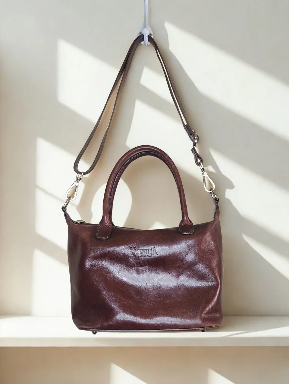 Vintage Valentina Brown Leather Tote Crossbody Bag Made in Italy